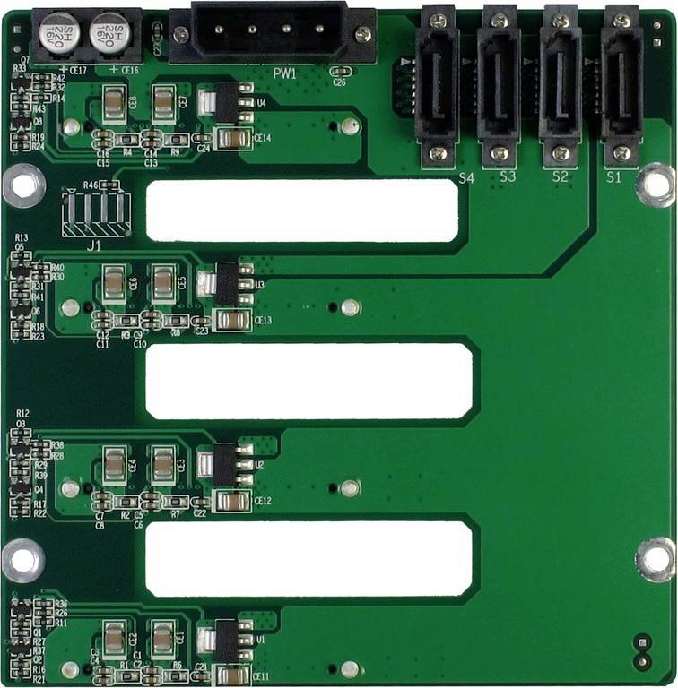 Zielona płytka drukowana z wieloma złączami i elementami elektronicznymi, głównie gniazdami i oznaczeniami chipów.