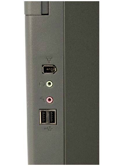 Widok z boku obudowy komputera z dwoma portami USB, wyjściem audio i wejściem mikrofonowym.