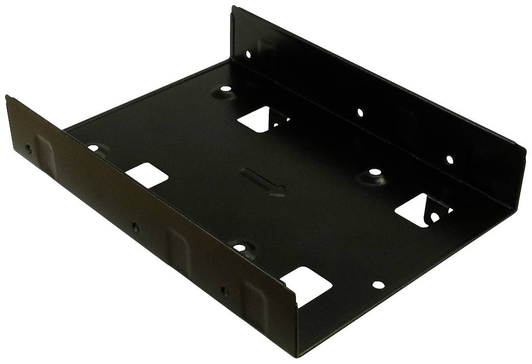 Czarna metalowa obudowa do montażu dysku twardego w komputerze. Posiada kilka otworów do mocowania śrub.
