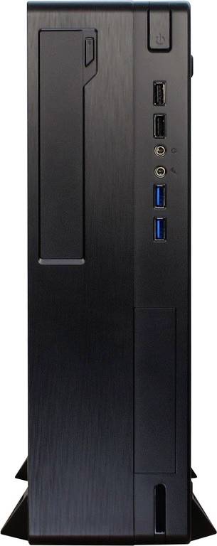 Czarna obudowa komputera w pozycji pionowej z portami USB i audio z przodu oraz przyciskiem zasilania.