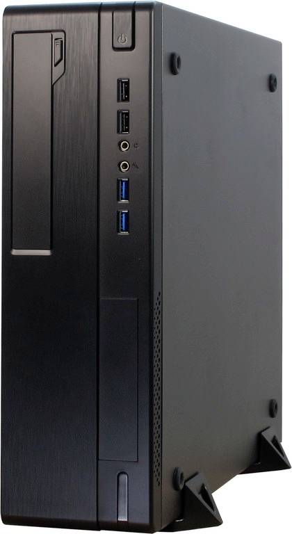 Czarny komputer stojący w obudowie z wieloma portami USB i napędem optycznym z przodu.