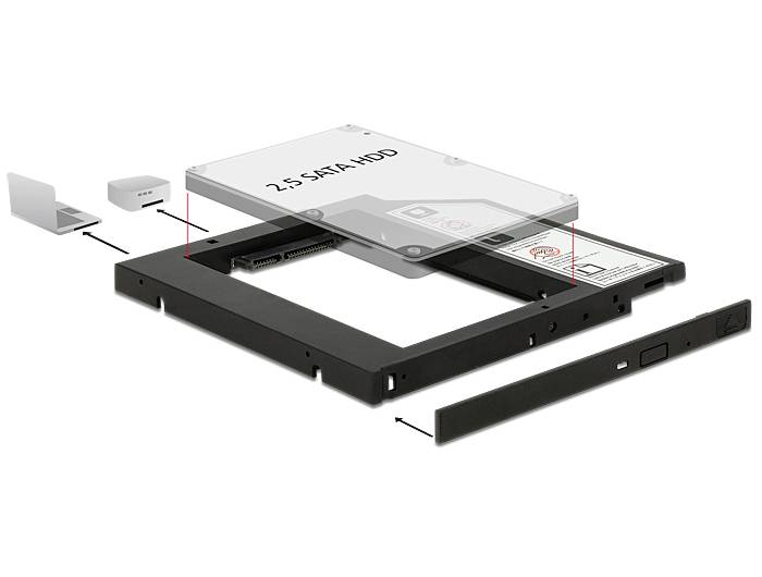 Rysunek rozstrzelony wkładu dysku twardego do napędu laptopa. Przedstawia ramkę montażową, gniazdo na 2,5-calowy dysk twardy SATA oraz zaślepkę.