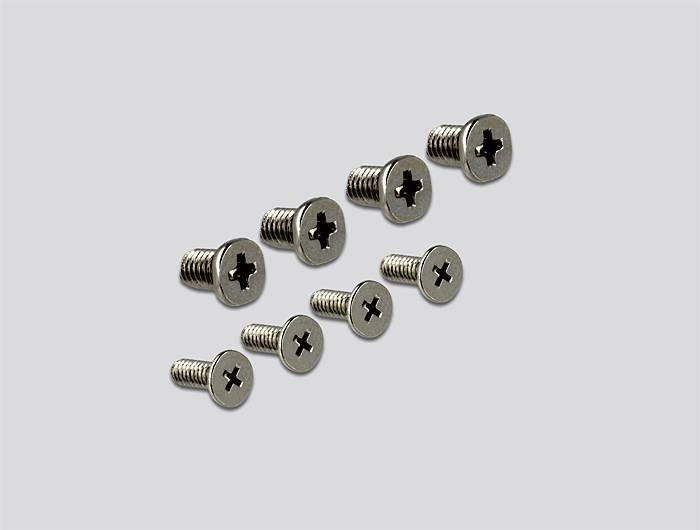 Osiem srebrnych śrub w dwóch rzędach na szarym tle, każda z łbem krzyżowym, rozmieszczona równomiernie.