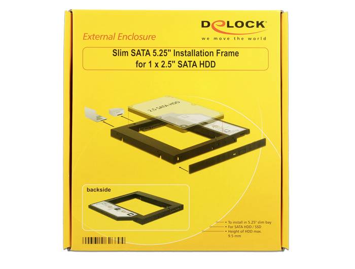 Opakowanie adaptera 'Delock Slim SATA 5.25"' do instalacji 1 x 2.5" dysku SATA. Ilustracja przedstawia ramkę i akcesoria.