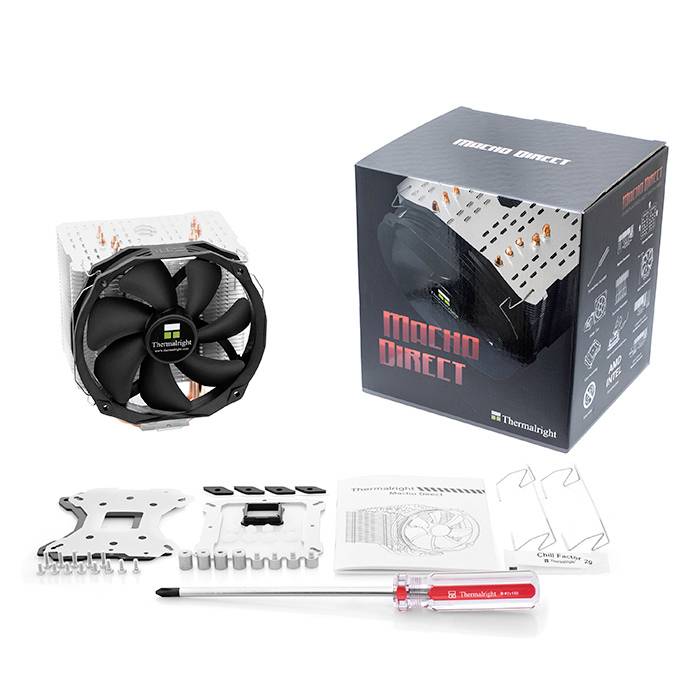 Zestaw chłodnicy powietrznej z wentylatorem, żebrami chłodzącymi, śrubokrętem i osprzętem montażowym. Opakowanie prezentuje nazwę modelu 'Macho Direct'.