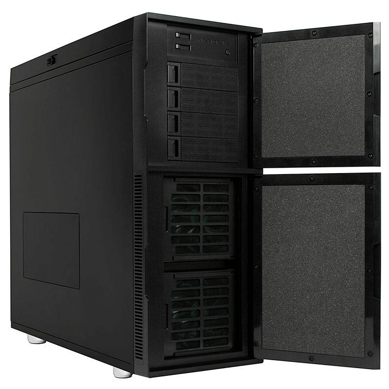 Czarna obudowa komputera z otwartą przednią pokrywą, prezentująca wewnętrzne wentylatory i kieszenie na napędy.