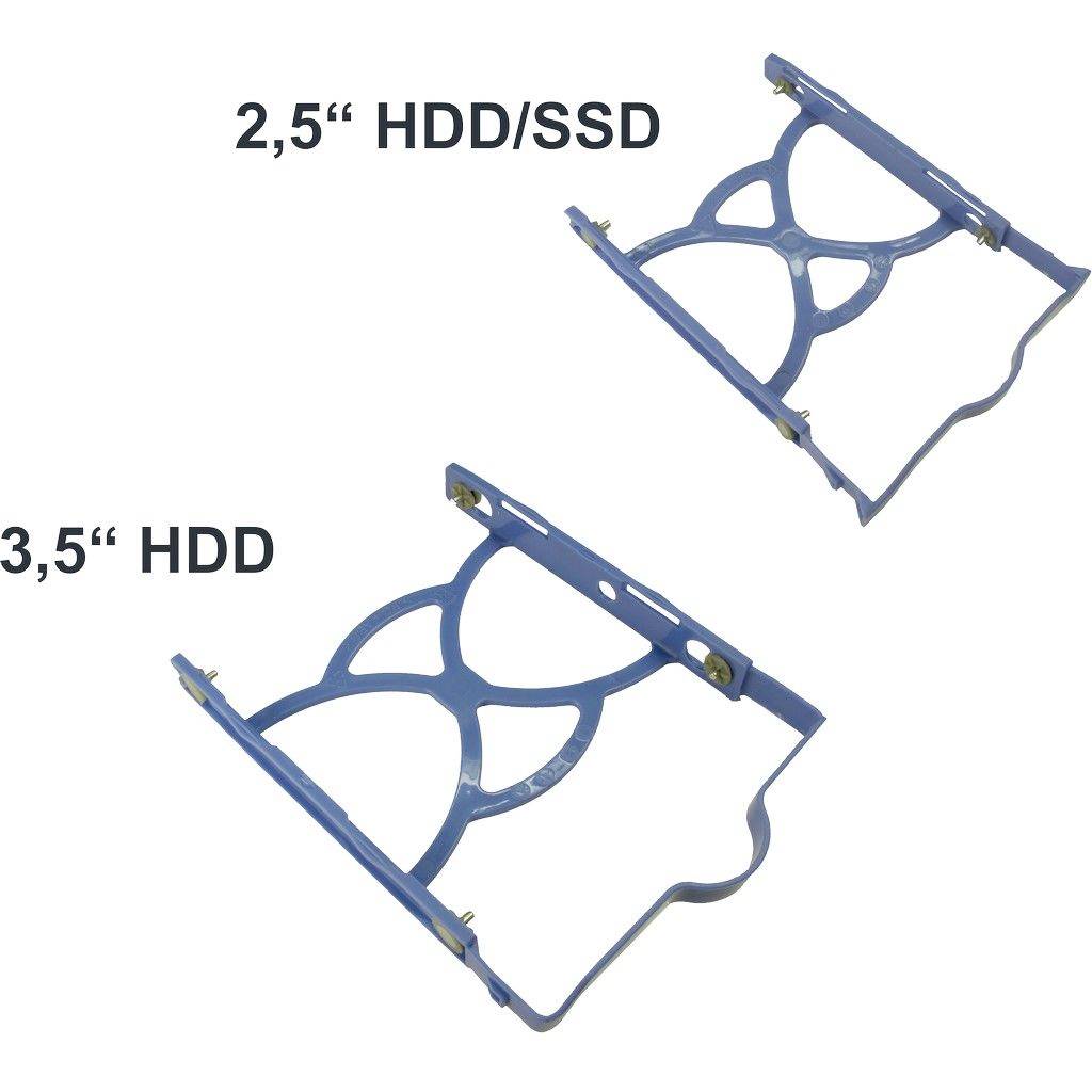 Dwie niebieskie ramki na dyski twarde: górna ramka do dysków HDD/SSD 2,5 cala, dolna ramka do dysków HDD 3,5 cala. Obie wykonane z metalu o podobnym wzornictwie.
