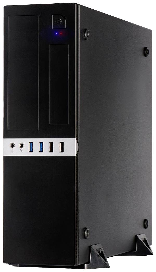 Czarna obudowa komputera stacjonarnego z wieloma portami USB z przodu.