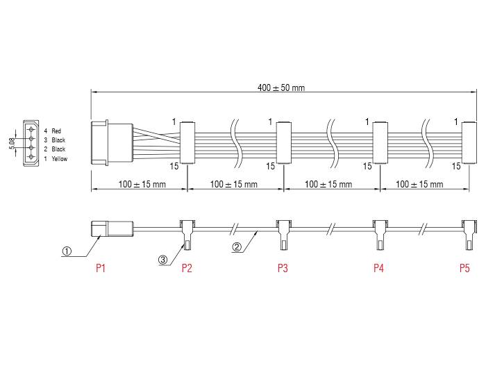 Schemat okablowania połączenia LED: przedstawia pięć jednostek LED (P1 do P5) z połączeniami kablowymi i odstępami wynoszącymi 15 mm.
