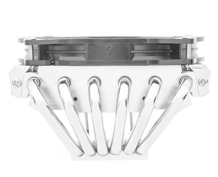 Pięć srebrnych metalowych rurek radiatora jest ułożonych symetrycznie. Góra przedstawia dwa żeberka chłodzące. Minimalistyczny, techniczny design.