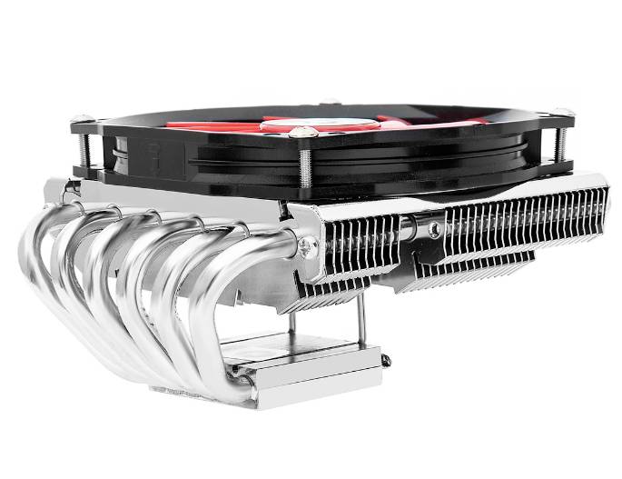 Chłodnica procesora z dużym wentylatorem i wieloma rurkami cieplnymi, zapewniająca wydajne odprowadzanie ciepła z procesorów komputerowych.