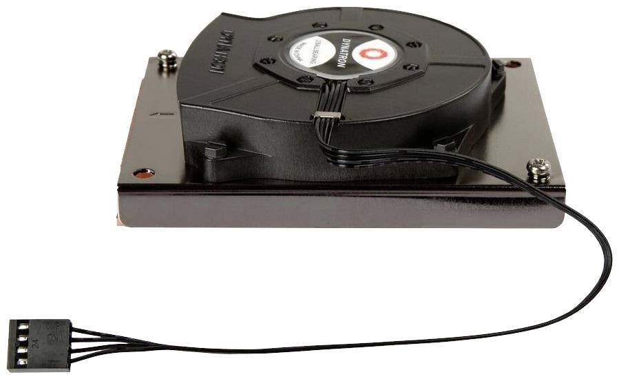 Płaski dysk twardy z czarnym wentylatorem na górze, podłączony do złącza zasilania.