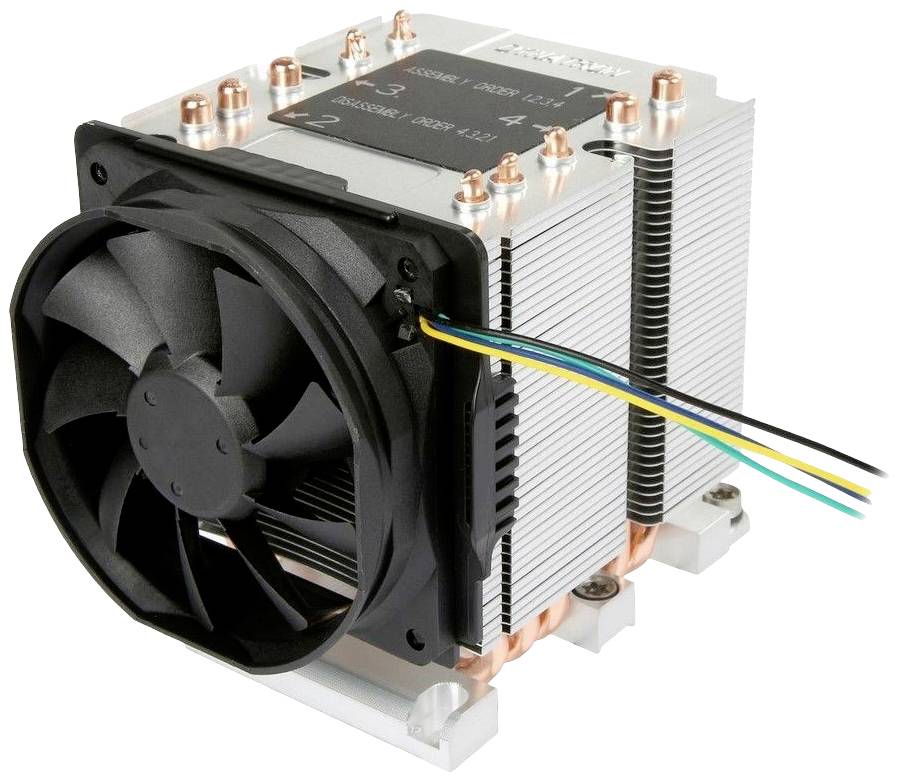 Nowoczesny chłodnica procesora z wentylatorem i żebrami metalowymi, stosowany do odprowadzania ciepła w komputerach.
