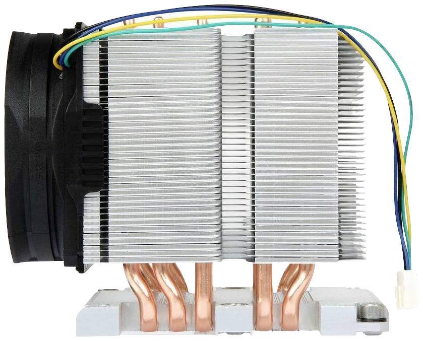 Radiator komputerowy z srebrnymi żeberkami i miedzianymi rurkami ciepłownymi. Kolorowe przewody są połączone u góry, aby wspomóc chłodzenie.