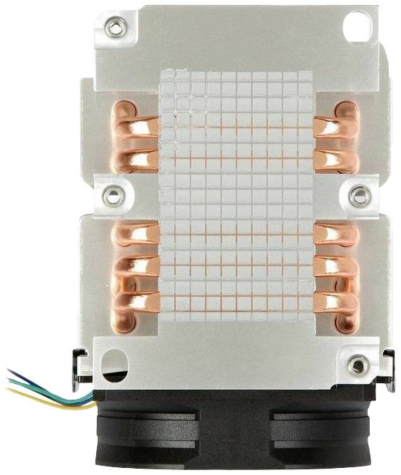 Miedziane rurki cieplne zamocowane do radiatora. Wentylator od spodu. Kabel zasilający wyprowadzony z boku.