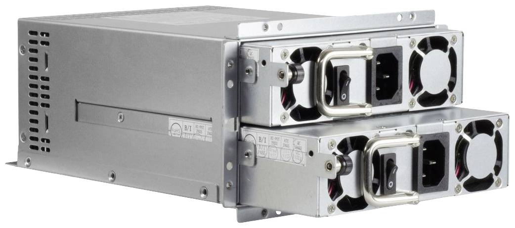 Dwa ułożone zasilacze z wentylatorami i obudowami metalowymi, przeznaczone do serwerów lub sprzętu IT, służące do zasilania i chłodzenia.