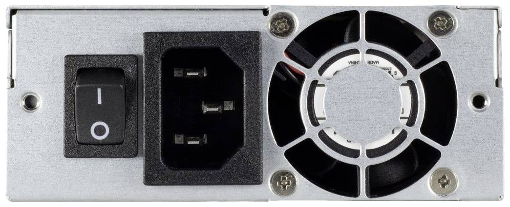 Zasilacz komputerowy z włącznikiem zasilania, złączem zasilającym i wentylatorem.