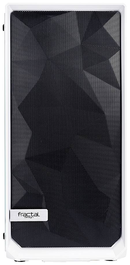 Biała przednia część obudowy komputera z czarną, geometrycznie wzorzystą siatką i małym logo 'fractal' w lewym dolnym rogu.