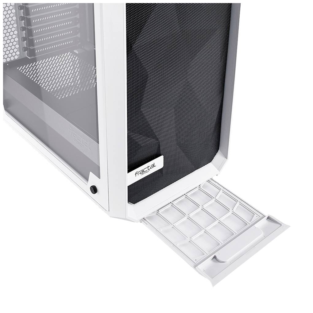 Białe obudowa komputera z otwartymi kratkami z przodu dla lepszej wentylacji. Ściana boczna częściowo przezroczysta.