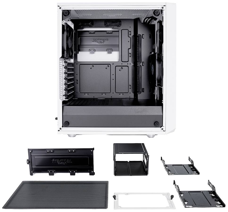 Biała, pusta obudowa komputerowa widziana z przodu. Obok przedstawione są elementy takie jak mocowania wentylatorów i kieszenie na dyski twarde.