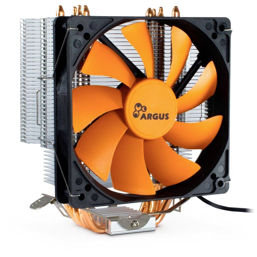 Chłodnica procesora z pomarańczowym wentylatorem i żebrami chłodzącymi z aluminium, oznaczona napisem 'Argus'. Używana głównie do chłodzenia procesorów komputerowych.