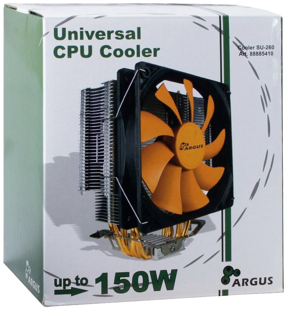 Ilustracja pudełka 'Uniwersalnego Chłodzenia CPU'. Zawiera model SU-260, odpowiedni dla procesorów o mocy do 150W, z pomarańczowym wentylatorem.