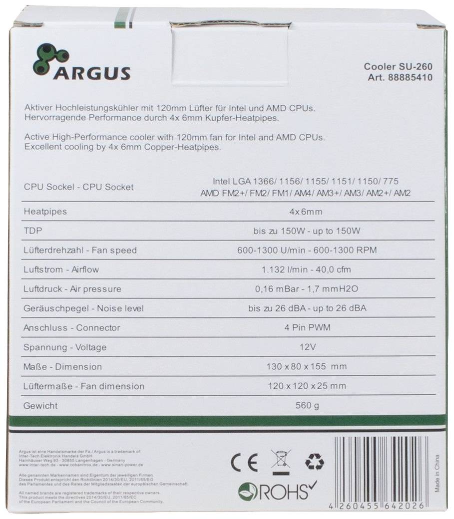 Karton chłodnicy procesora ARGUS z informacjami o wymiarach, kompatybilności, prędkości wentylatora, kierunku przepływu powietrza, poziomie hałasu i wadze.