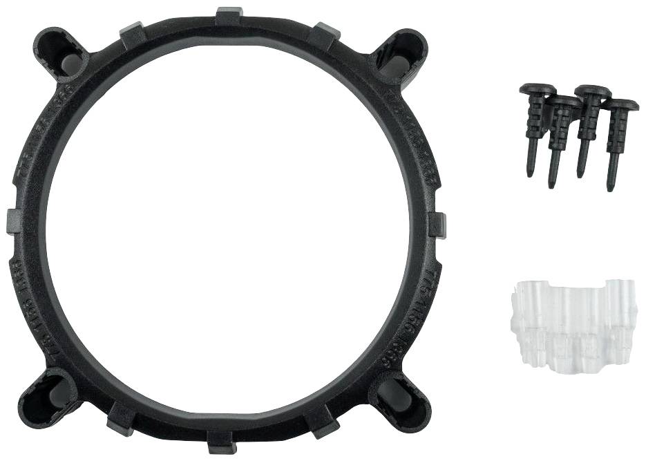 Pierścień z tworzywa sztucznego z czterema mocowaniami, obok niego trzy czarne śruby i przezroczyste zaciski plastikowe.