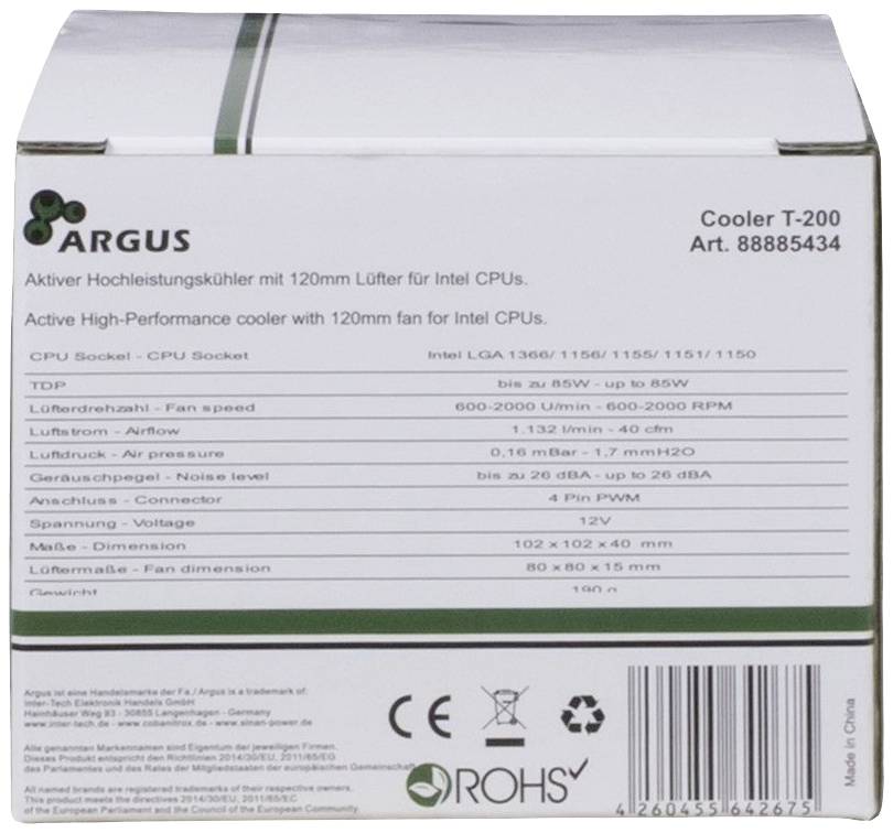 'Aktywny chłodnik T-200 z wentylatorem 120mm, gniazdo LGA 1366/1155/1156, 800-2000 obr./min, do procesorów Intel. Wymiary: 102 x 102 x 40 mm, 4-pinowe PWM.'
