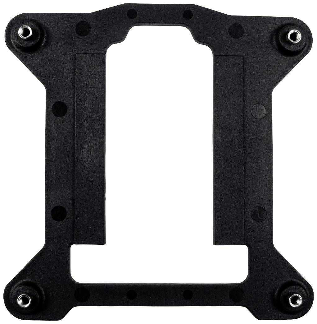 Prostokątny, czarny uchwyt z tworzywa sztucznego z czterema metalowymi mocowaniami w rogach, prawdopodobnie przeznaczony dla procesora komputerowego.