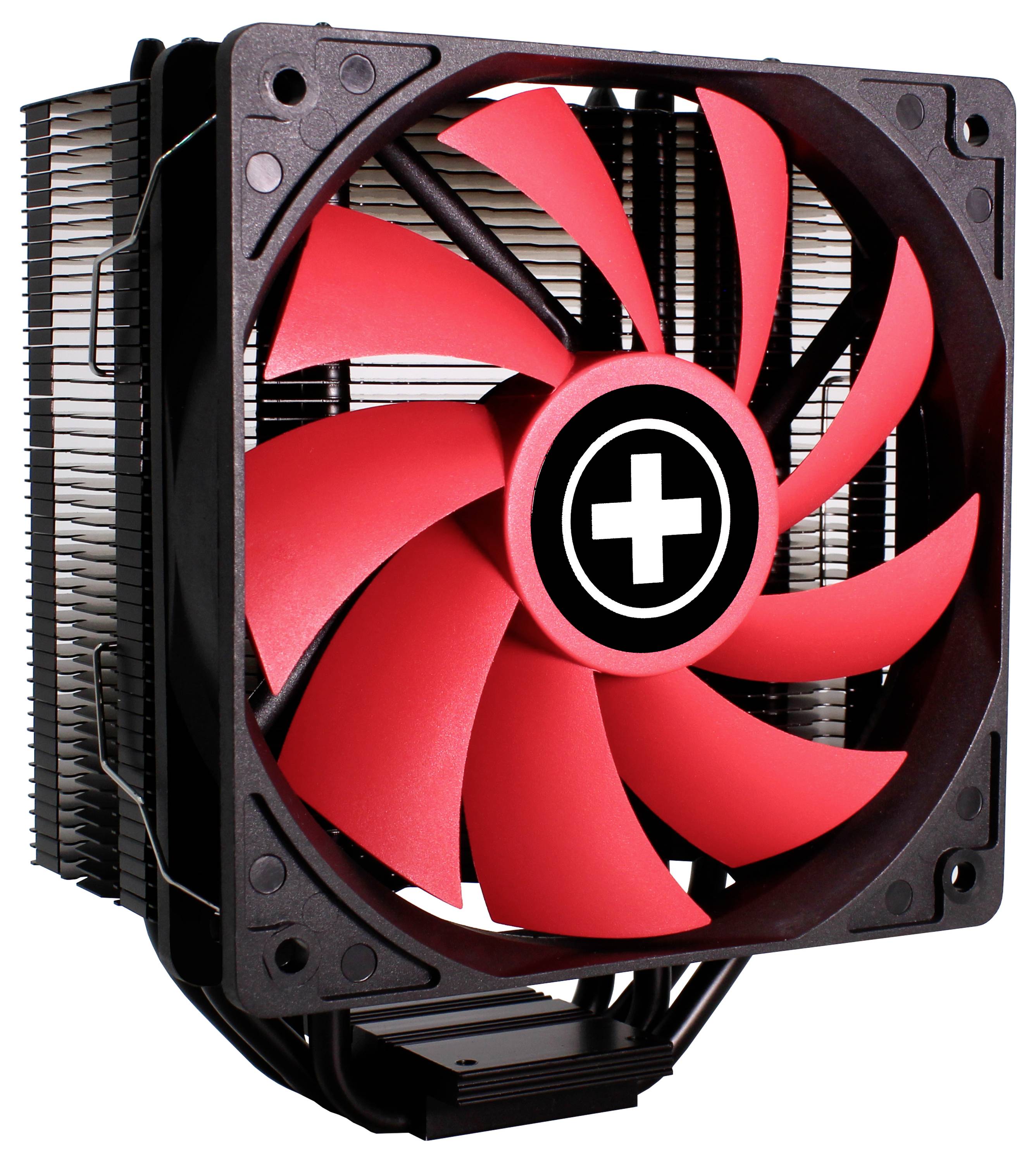 Czerwony wentylator z czarnymi łopatkami w kwadratowej obudowie. Pośrodku białego krzyża na czarnym tle.