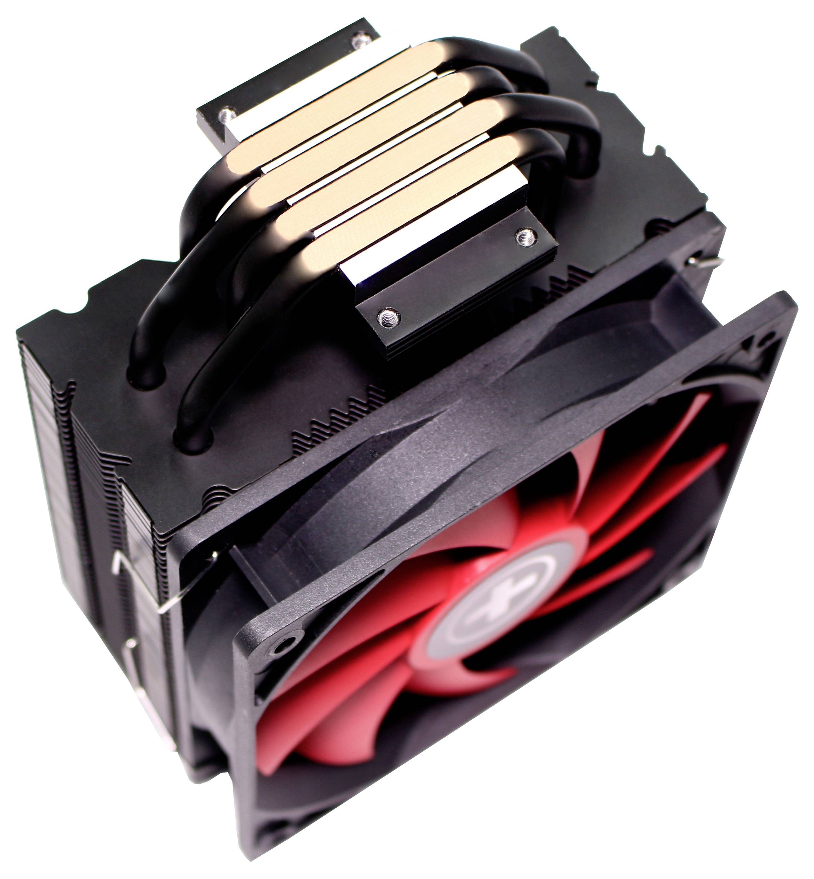 Czarno-czerwony radiator procesora z wieloma żeberkami i czterema ciepłowodami. Radiator został zaprojektowany do odprowadzania ciepła w komputerach.