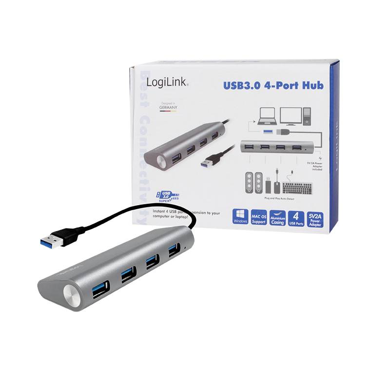 Hub USB 3.0 4-portowy firmy LogiLink. Pokazuje produkt w opakowaniu. Kompatybilny z komputerami PC i Mac. Idealny do podłączania urządzeń przez USB.