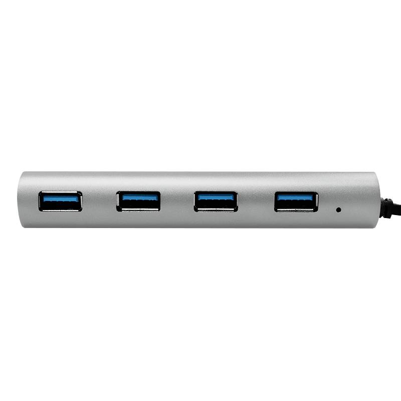 Srebrny hub USB z czterema portami USB 3.0 ułożonymi w poziomej linii, stosowany do zwiększenia liczby dostępnych złączy.