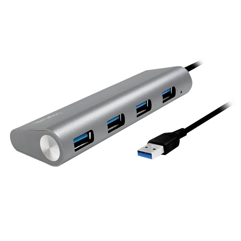 Zewnętrzny hub USB z czterema portami USB 3.0 i kablem przyłączeniowym. Smukła, srebrna obudowa. Odpowiedni do podłączenia wielu urządzeń.