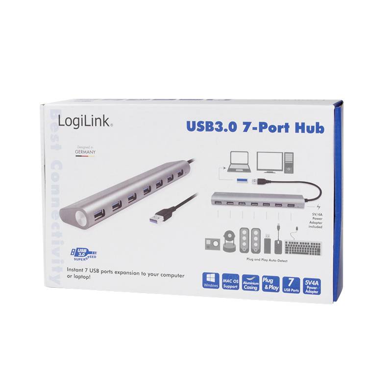 Opakowanie dla LogiLink USB3.0 7-portowego hubu, oferujący siedem portów USB do rozbudowy komputera. Kompatybilny z systemami Mac i PC.