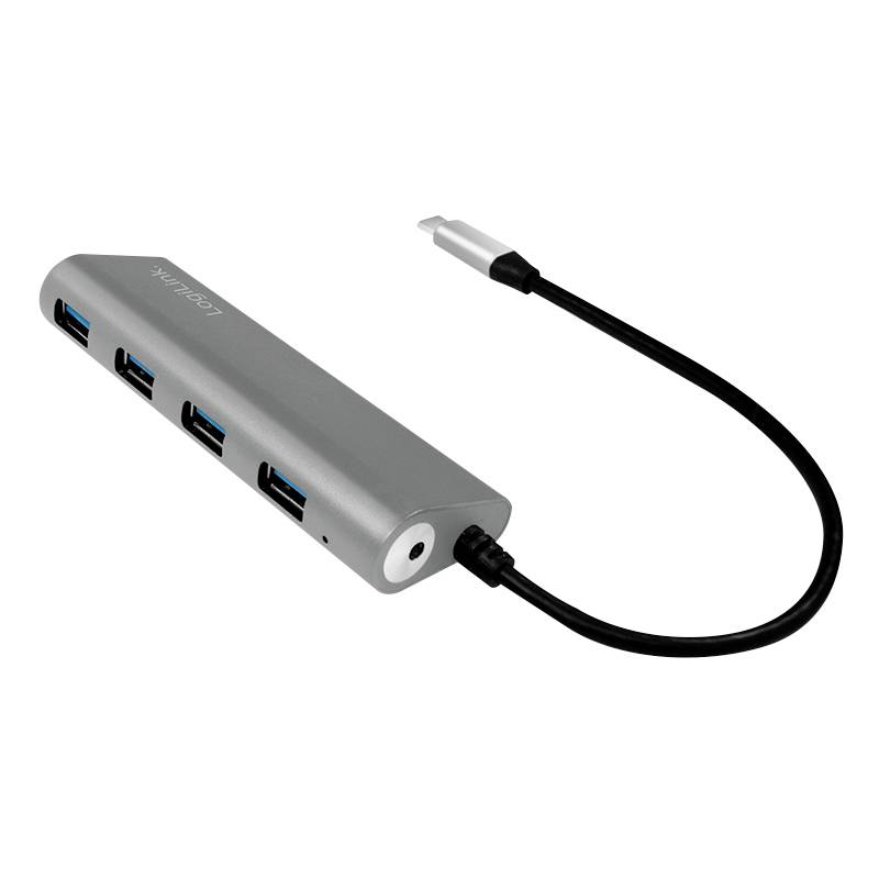 Metalowy hub USB z czterema niebieskimi portami USB i czarnym przewodem zakończonym wtyczką USB-C do podłączenia do urządzenia.