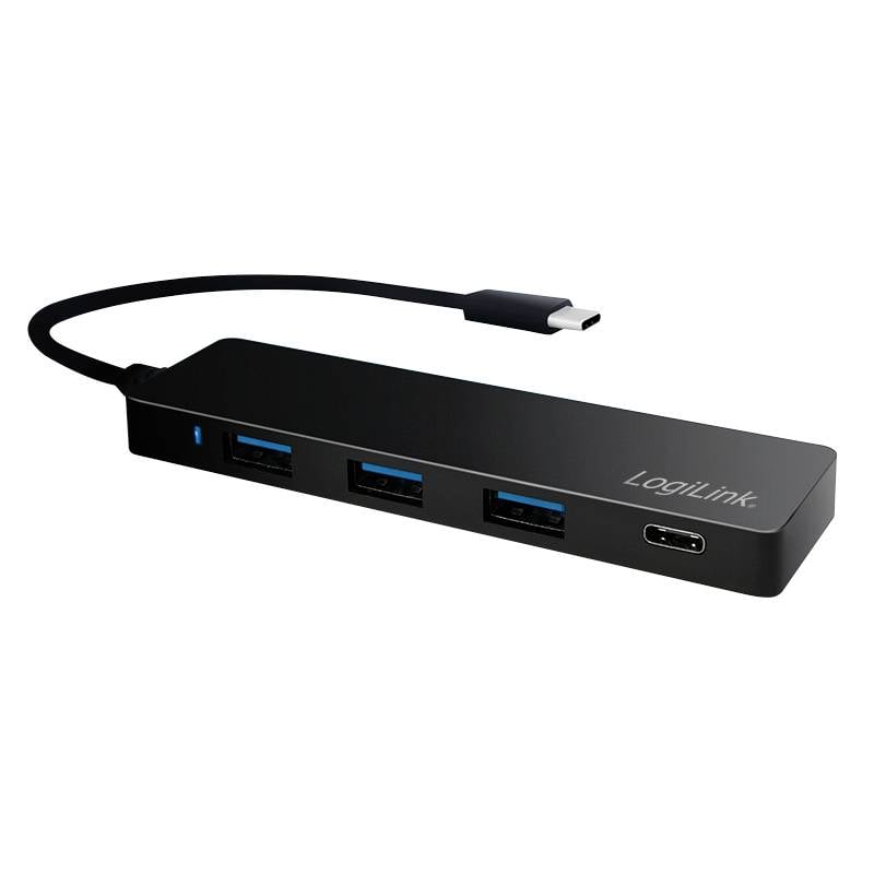 Czarny hub USB-C z trzema portami USB i jednym portem USB-C, zapakowany w kompaktową, prostokątną obudowę.