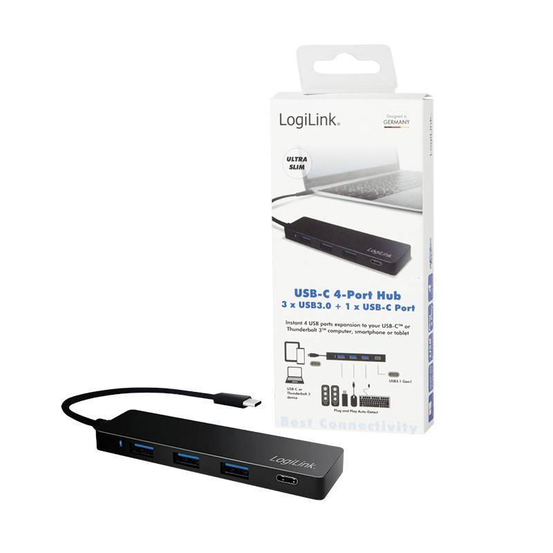 Hub USB-C LogiLink z 3 portami USB 3.0 i 1 portem USB-C. Opakowanie prezentuje smukłą sylwetkę, idealną do laptopów i tabletów.