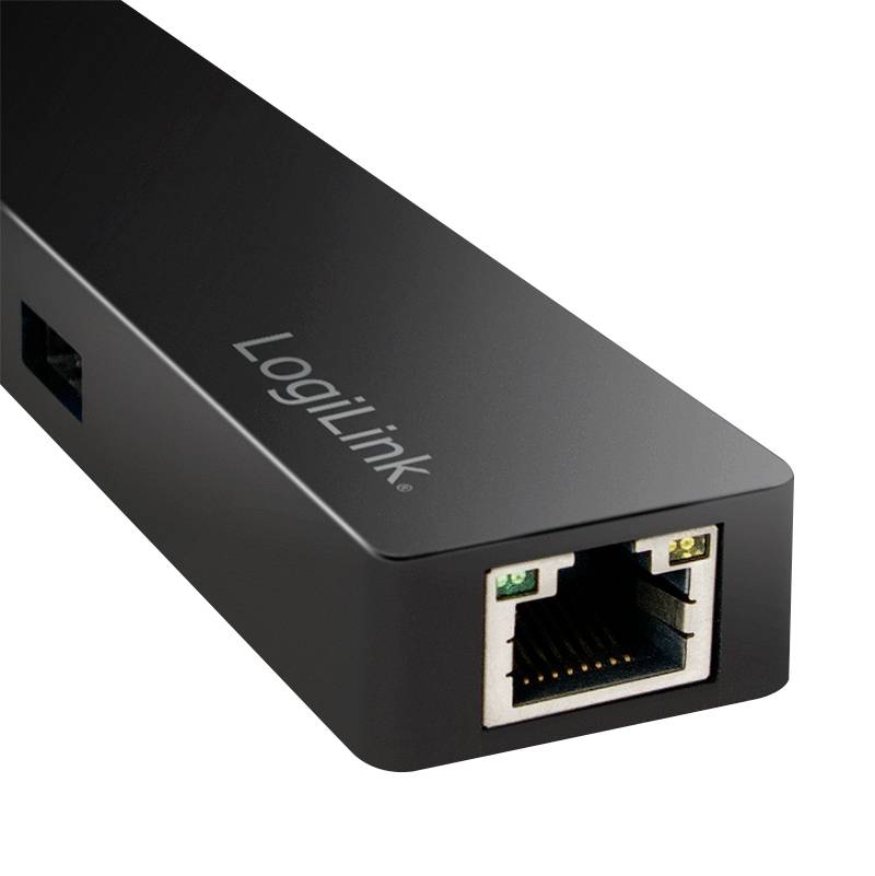 Czarny adapter LogiLink z gniazdem Ethernet, przeznaczony do podłączeń sieciowych, charakteryzujący się prostokątną bryłą.