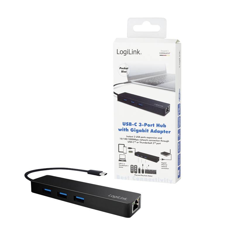 Concentrator USB-C z 3 portami i adapterem Gigabit od LogiLink. Zdjęcie przedstawia produkt i opakowanie. Kompaktowy rozmiar, idealny do różnych podłączeń.