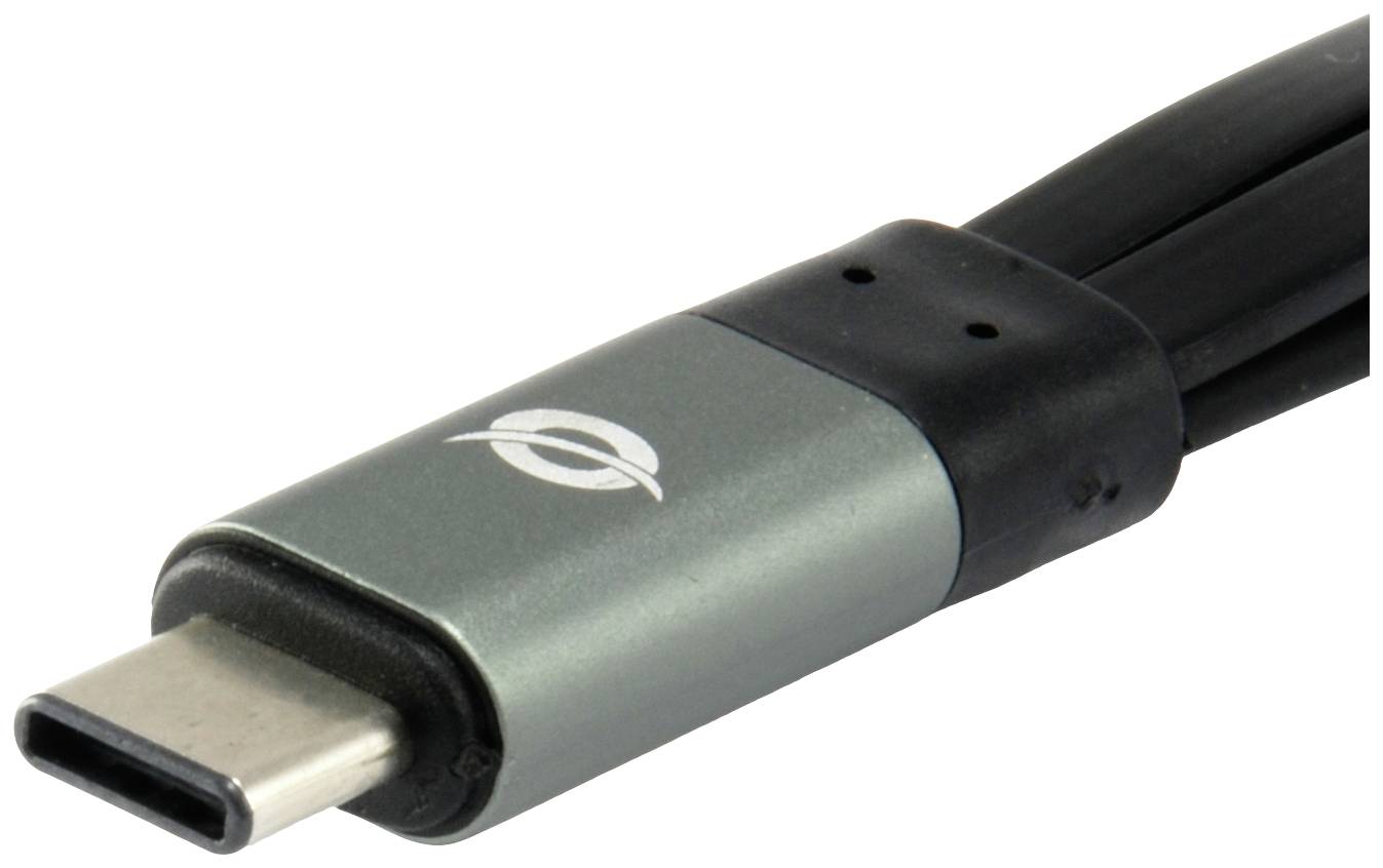 Kabel USB-C z metalowym wtykiem i czarnym przewodem. Logo na wtyku jest w kolorze srebrnym.