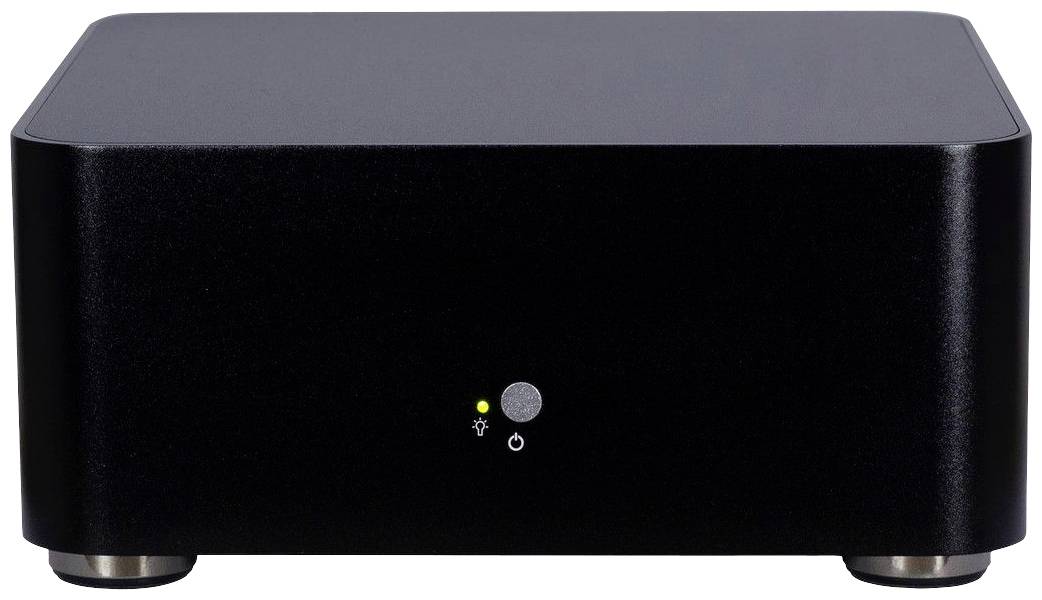 Czarny, prostokątny elektroniczny sprzęt z przyciskiem włączania i świecącą diodą LED z przodu.