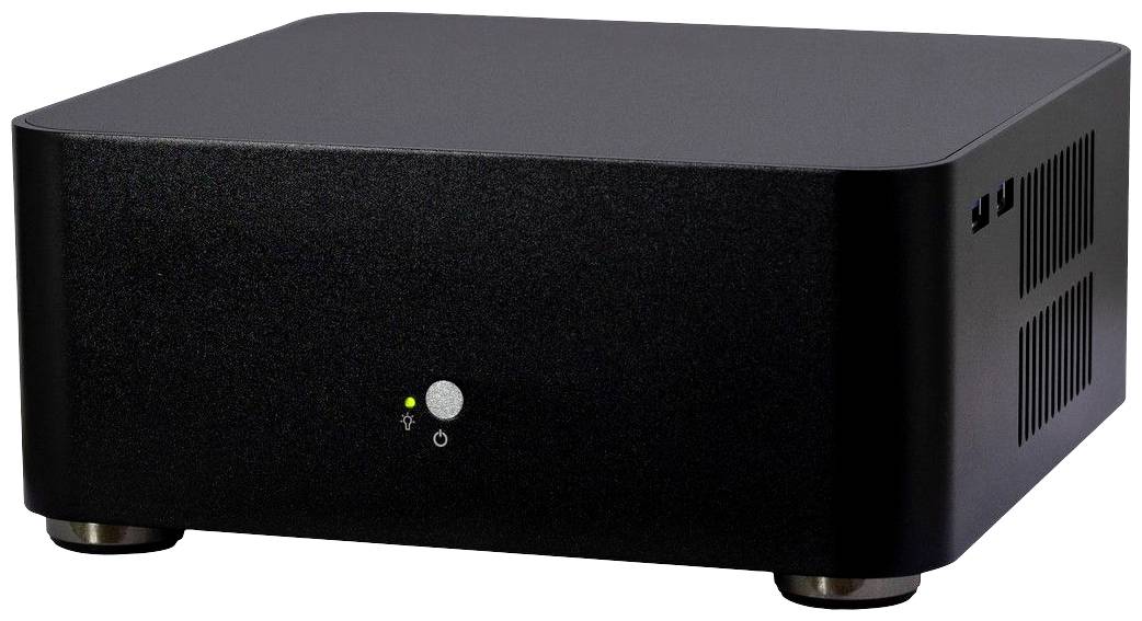 Czarna, prostokątna obudowa komputera z otworami wentylacyjnymi po bokach. Okrągły wskaźnik LED świeci się z przodu.