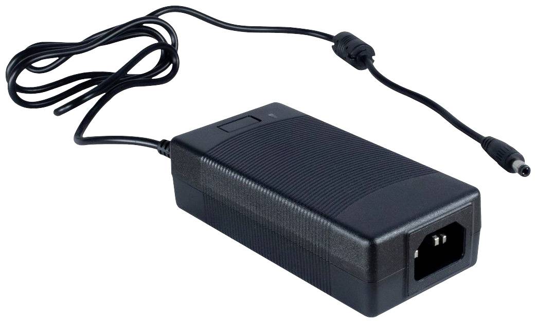 Czarny zasilacz z długim przewodem i wtyczką na końcu, odpowiedni do urządzeń elektronicznych.