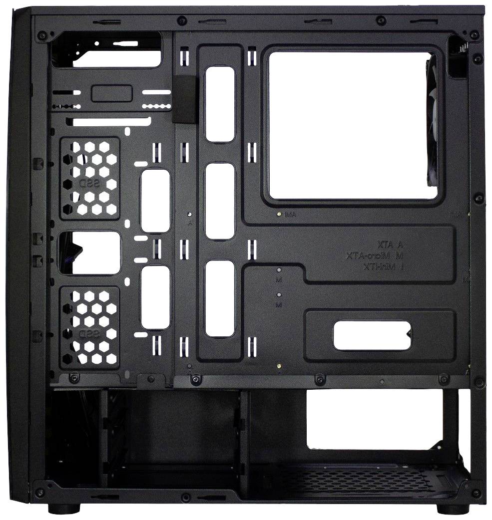 Czarna obudowa komputera widziana z boku, ukazująca wewnętrzną strukturę ramową z otwartymi przestrzeniami przeznaczonymi dla komponentów, takich jak płyta główna i napędy.