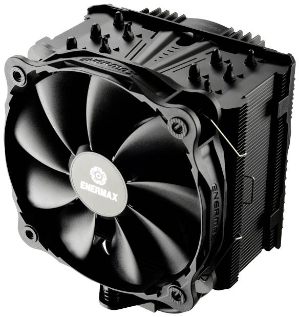Czarny wentylator procesora z logo marki pośrodku. Widoczne są liczne żeberka chłodzące oraz śruby mocujące.