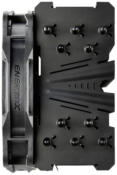 Chłodnica procesora z góry: Czarny, prostokątny wzór z wentylatorem po lewej stronie oraz kilkoma śrubami lub występami na powierzchni.