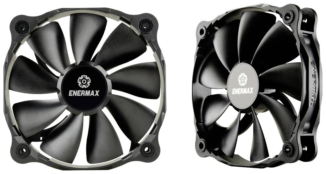 Dwa czarne wentylatory komputerowe marki Enermax, każdy z dziewięcioma łopatkami wirnika; jeden w widoku czołowym, drugi w widoku bocznym.