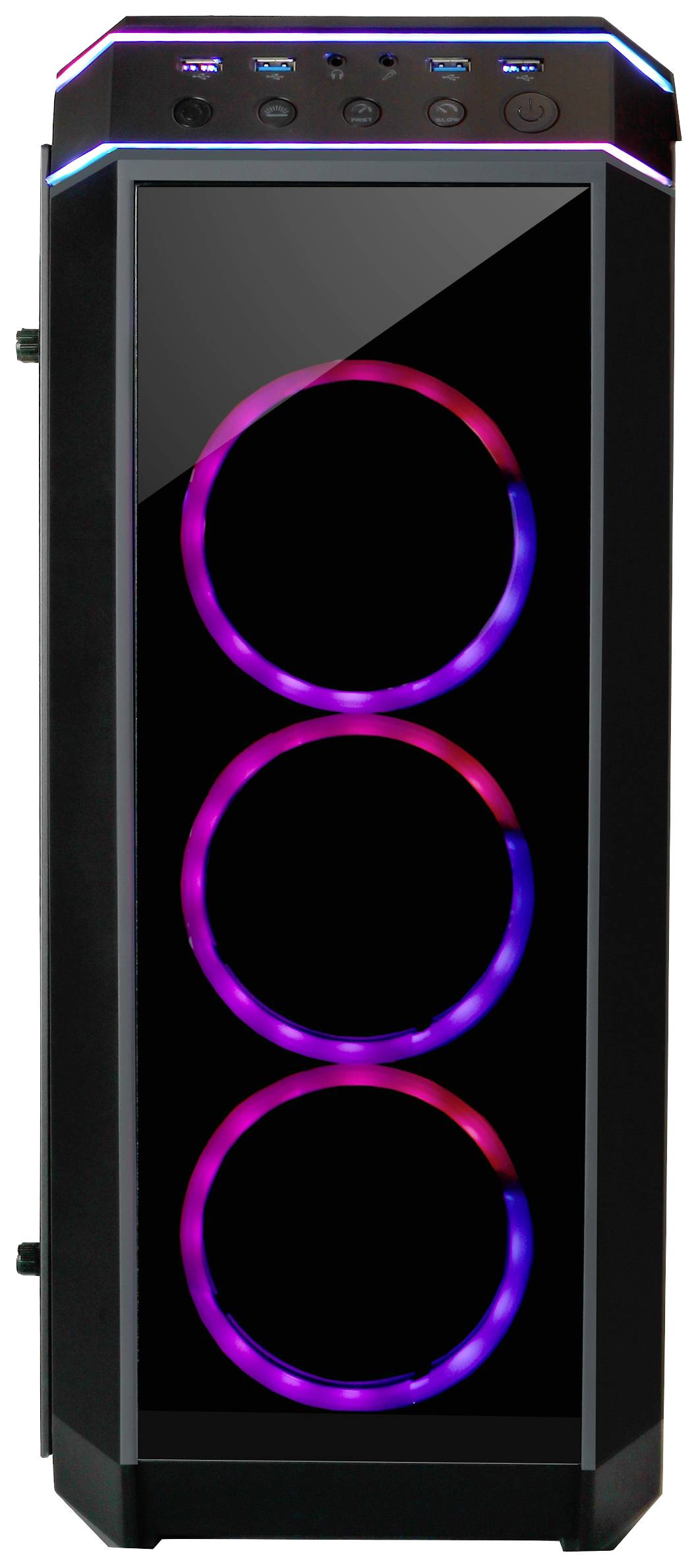 Czarna obudowa komputera z trzema świecącymi, kolorowymi wentylatorami LED na przedniej ścianie.